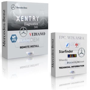 May include: Two white software boxes for Mercedes-Benz diagnostics. The larger box features XENTRY Diagnostics DAS, VEDIAMO, and DTS.monaco. The smaller box displays EPC, WIS/ASRA, Starfinder, SELiT, SDmedia, and Disassembly Assistant technical information.