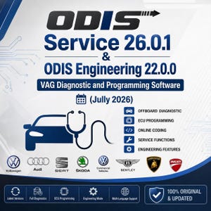 May include: A digital graphic for ODIS Service 26.0.1 and ODIS Engineering 22.0.0 VAG diagnostic and programming software. It features a car silhouette with a stethoscope, a July 2026 calendar icon, and logos for Volkswagen, Audi, SEAT, Skoda, and others.