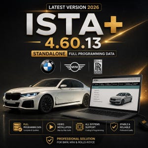 Puede incluir: Un paquete de software de diagnóstico digital titulado LATEST VERSION 2026 ISTA+ 4.60.13 STANDALONE FULL PROGRAMMING DATA para vehículos BMW, MINI y Rolls-Royce. La imagen muestra un sedán plateado, los logotipos de las marcas y una pantalla.