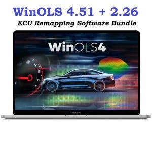May include: A laptop screen displaying the WinOLS 4.51 + 2.26 ECU Remapping Software Bundle. The screen shows a graphic of a car, a speedometer, and a colourful 3D map overlay. The text WinOLS 4 is visible in the centre of the display.
