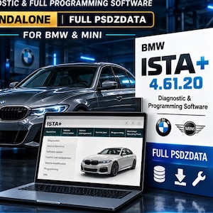 以下が含まれることがあります： BMW ISTA+ 4.61.20診断およびプログラミングソフトウェアのインターフェースを表示したノートパソコンと、白いソフトウェアボックス。ボックスにはBMWとMINIのロゴ、Diagnostic & Programming Softwareというテキスト、データベース、ダウンロード、レンチのアイコンが記載されています。