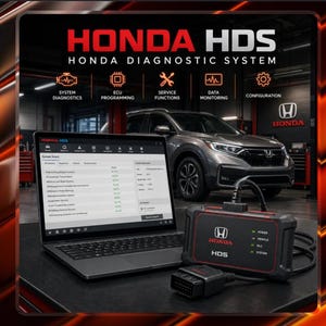 Op de afbeelding: Een Honda HDS diagnosesysteem-set met een laptop die softwaremenu's toont en een zwart handapparaat met een aangesloten OBDII-kabel. Het scherm toont opties voor systeemdiagnostiek, ECU-programmering en datamonitoring.