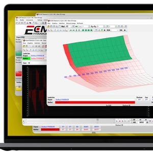 May include: A laptop screen displaying the ECM Titanium software interface, featuring multiple overlapping windows with a 3D map visualisation, a grid graph, and various data fields, including a red and green surface plot for engine tuning.