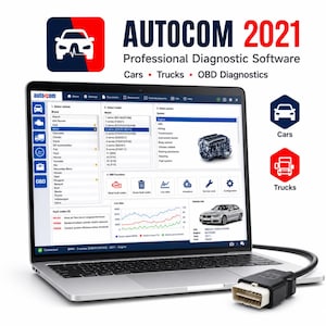 Puede incluir: Un ordenador portátil que muestra la interfaz del software de diagnóstico profesional Autocom 2021 para coches y camiones. La pantalla presenta menús de selección de vehículos, diagnósticos de motor, códigos de error y gráficos.