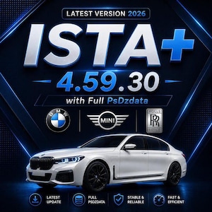 May include: A digital graphic for ISTA+ 4.59.30 software featuring the text LATEST VERSION 2026, with Full PsDzdata, and logos for BMW, MINI, and Rolls-Royce. A white sedan is displayed at the bottom with icons for update, data, stability, and efficiency.