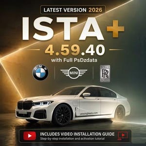 Könnte beinhalten: Eine digitale Grafik für die Software ISTA+ 4.59.40, neueste Version 2026 mit Full PSdZdata. Zeigt Logos von BMW, MINI und Rolls-Royce über einer weißen Limousine. Enthält ein Textfeld mit dem Hinweis Includes Video Installation Guide für Anleitung.