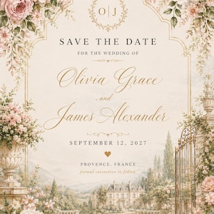 Może przedstawiać: Karta Save the Date z kremowym tłem, różowymi kwiatowymi obramowaniami, złotym monogramem O J oraz tekstem Olivia Grace and James Alexander, 12 września 2027, Provence, France, formal invitation to follow, z ilustracją przedstawiającą zamek.