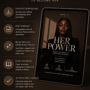 May include: A digital eBook titled HER POWER: MENTAL STRENGTH & EMOTIONAL MASTERY displayed on a tablet screen. The text includes BOOK 2, TRANSFORMATION: From overthinking to unshakable confidence, and sections for MASTER YOUR MIND, PROTECT YOUR ENERGY.