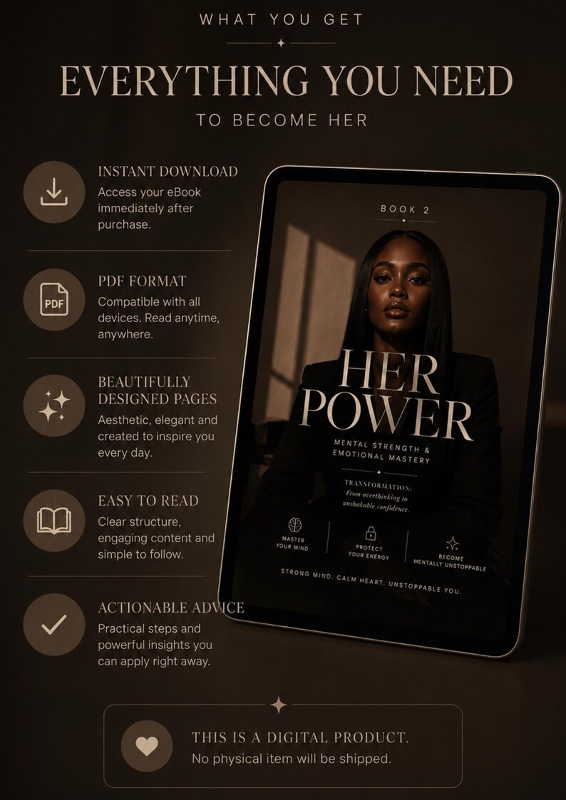 May include: A digital eBook titled HER POWER: MENTAL STRENGTH & EMOTIONAL MASTERY displayed on a tablet screen. The text includes BOOK 2, TRANSFORMATION: From overthinking to unshakable confidence, and sections for MASTER YOUR MIND, PROTECT YOUR ENERGY.