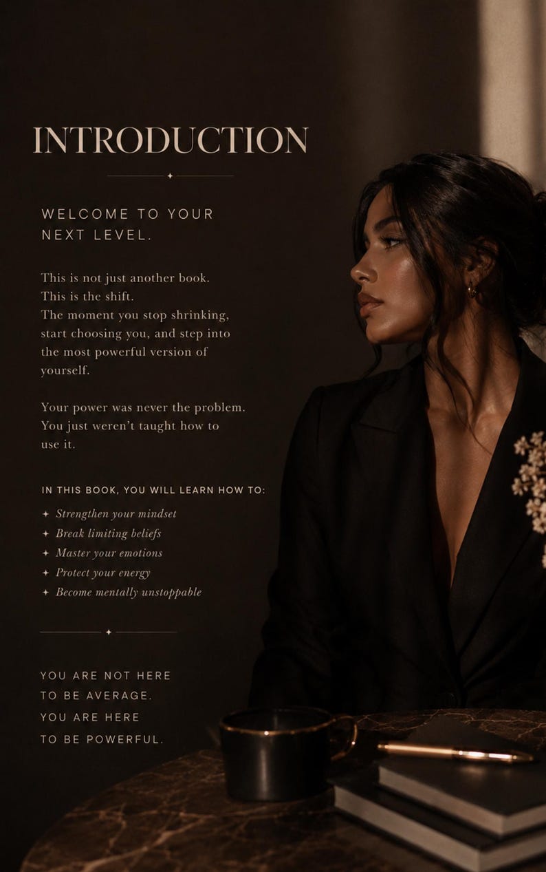 May include: A book page titled INTRODUCTION with the text: WELCOME TO YOUR NEXT LEVEL. This is not just another book. This is the shift. The moment you stop shrinking, start choosing you, and step into the most powerful version of yourself.