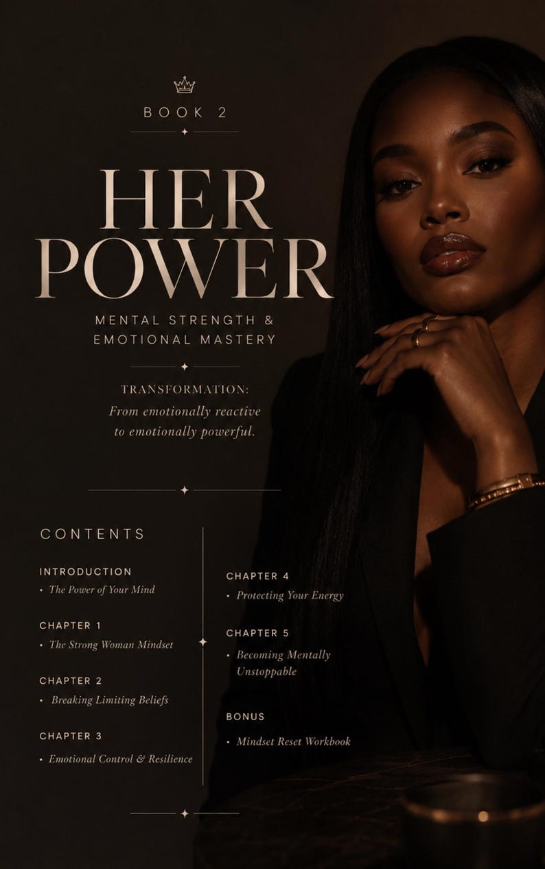 May include: A book cover titled Book 2 Her Power Mental Strength & Emotional Mastery. The text includes Transformation: From emotionally reactive to emotionally powerful and a table of contents listing chapters from Introduction to Bonus Mindset Reset Workbook.