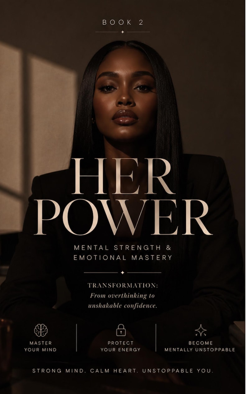 May include: A book cover titled HER POWER: MENTAL STRENGTH & EMOTIONAL MASTERY, BOOK 2. It features a person in a black blazer with text: TRANSFORMATION: From overthinking to unshakable confidence. Icons for MASTER YOUR MIND, PROTECT YOUR ENERGY, BECOME MENTALLY UNSTOPPABLE.