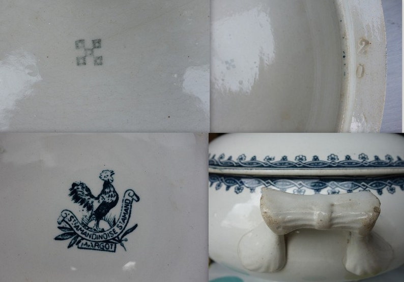 Ironstone lidded tureen Antique French Soupiere ste Amandinoise Late 1800s Terre De Fer Transferware