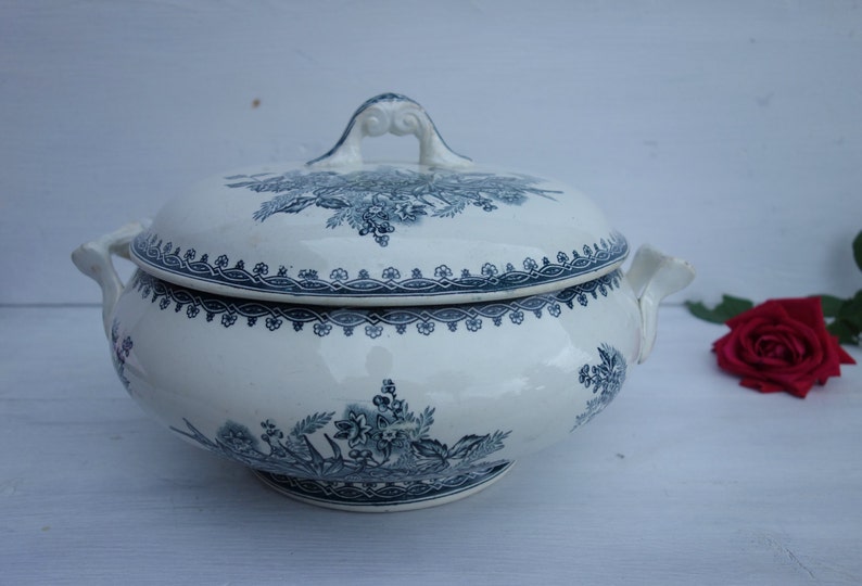 Ironstone lidded tureen Antique French Soupiere ste Amandinoise Late 1800s Terre De Fer Transferware