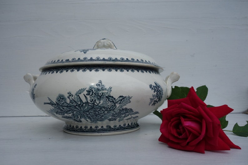 Ironstone lidded tureen Antique French Soupiere ste Amandinoise Late 1800s Terre De Fer Transferware