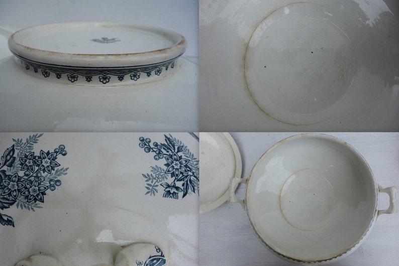 Ironstone lidded tureen Antique French Soupiere ste Amandinoise Late 1800s Terre De Fer Transferware