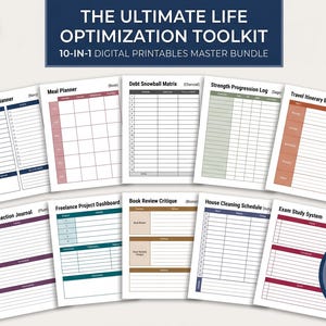 May include: A 10-in-1 digital printable master bundle titled The Ultimate Life Optimization Toolkit, featuring ten distinct planning sheets including a Daily Focus Planner, Meal Planner, Debt Snowball Matrix, and Travel Itinerary Blueprint.