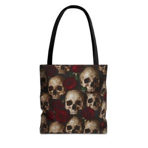 Borsa tote con teschio e rose rosse / Motivo floreale gotico