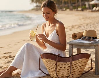 Boho Raffia Tragetasche für Frauen | Französischer Stil gewebte Sommer Umhängetasche | Vegan Leder Stroh Handtasche | Strand Urlaub Geldbörse