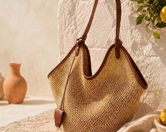 Große Raffia Einkaufstasche | Französischer Stil gewebte Strohumhängetasche |  Sommer Strand Urlaub Handtasche