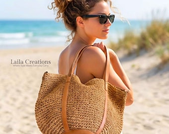 Übergroße Stroh Knödel Tasche |  Vegan Ledergriffe |  Gewebte Sommer Strand Tote
