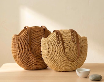 Runde Stroh Strandtasche | Große gewebte Boho Tote, Schultertasche im Raffia-Stil