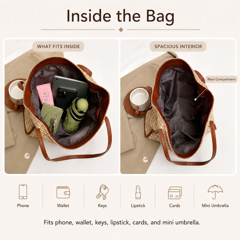 K&ouml;nnte beinhalten: Eine geflochtene Strohtasche mit braunem Lederbesatz und grauem Innenfutter. Das Bild zeigt das Fassungsverm&ouml;gen der Tasche, die ein Telefon, eine Geldb&ouml;rse, Schl&uuml;ssel, Lippenstift und einen Minischirm enth&auml;lt. Der Text umfasst Inside the Bag, What Fits Inside, Spacious Interior, Main Compartment und eine Liste der Gegenst&auml;nde.