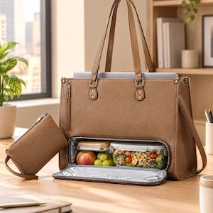 Laptop-lunchväska, isolerad arbetsväska för kvinnor, lärarväska i konstläder med avtagbar axelrem och matchande ficka