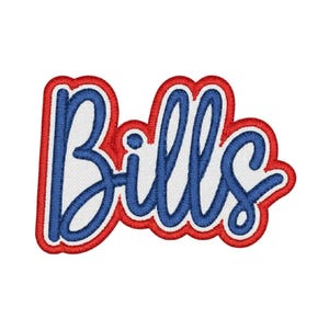 May include: An embroidered patch featuring the word Bills in a blue cursive script font. The lettering is set against a white background with a thick red border that follows the contour of the text, creating a bold and defined appearance.