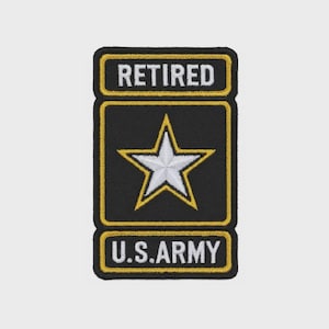 May include: A rectangular embroidered patch with a black background and yellow border. The top section features the white text RETIRED. The center displays a white five-pointed star outlined in yellow. The bottom section features the white text U.S.ARMY.