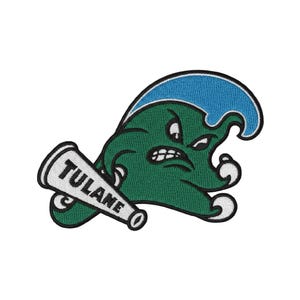 Geborduurd embleem van de Tulane Wave honkbalmascotte – cartoonstijl van een universiteitssportteam
