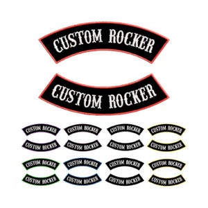 May include: A collection of curved embroidered patches featuring the text CUSTOM ROCKER in white capital letters. The patches have black backgrounds with various colored borders including red, purple, green, blue, yellow, and white.