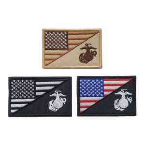 May include: Three rectangular embroidered patches featuring a split design with the United States flag on the left and the United States Marine Corps Eagle, Globe, and Anchor emblem on the right. One patch is tan, one is black and white, and one is full color.