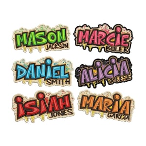 May include: Six embroidered patches featuring graffiti-style names and surnames. The names MASON, MARCIE, DANIEL, ALICIA, ISIAH, and MARIA are displayed in vibrant colors with dripping paint effects, accompanied by their respective surnames in black text.