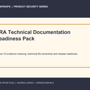 Peut inclure: Une couverture de document intitulée CRA Technical Documentation Readiness Pack, faisant partie de la série CRA RAPIDOPS Product Security Series. Elle inclut le sous-titre Annex VII evidence indexing, technical file ownership and release readiness, avec en bas de page Editable Office Files, Source-Locked et Version 2026.09-A.