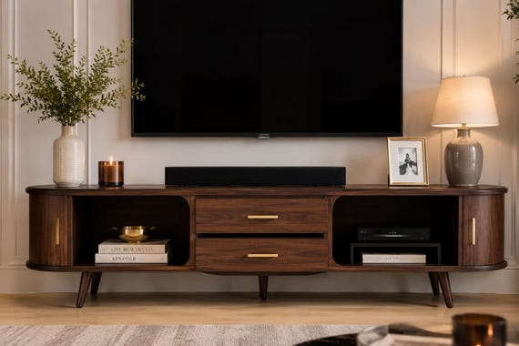 Mid Century Modern Walnut TV Stand, Storage Cabinet Entertainment Console