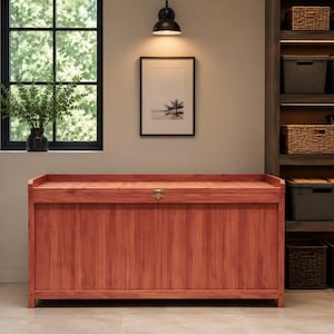 May include: A rectangular wooden storage chest with a reddish-brown finish, featuring vertical paneling, a flat top surface, and a central metallic latch. The chest is positioned in a room with dark wooden shelving units and a window.