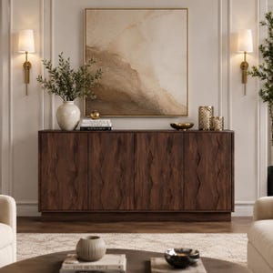 60" Walnut Sideboard Cabinet, Mid Century Modern Credenza, Hexagon Textured Storage Buffet
