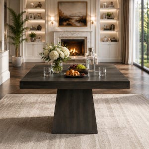 May include: A square, dark wood dining table with a thick, tapered pedestal base. The tabletop holds a clear glass vase filled with white hydrangea flowers, two clear drinking glasses, a glass water carafe, and a plate of assorted pastries.