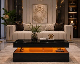 High Gloss LED Coffee Table, Modern 2-Tier Center, 40 Inch Rectangular Sofa