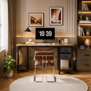 May include: A home office setup featuring a rectangular wooden desk with a black metal frame, two drawers, and side storage. A brown leather chair with a chrome frame sits in front. On the desk is a computer monitor displaying 10 39, a lamp, and a cup.
