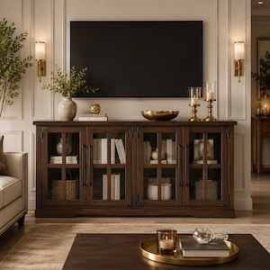 Farmhouse 63" Buffet Sideboard Cabinet with Glass Doors, Adjustable Shelves & Large Storage