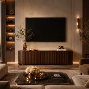 May include: A dark brown, oval-shaped media console with a vertical slatted design, positioned beneath a large, flat-screen television mounted on a light-colored marble wall. The console features a smooth top surface and rounded edges.