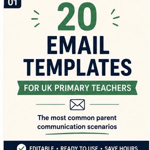 Puede incluir: Un gráfico digital con fondo crema que presenta el texto 20 EMAIL TEMPLATES FOR UK PRIMARY TEACHERS en azul oscuro y verde. Incluye un icono de sobre y el texto The most common parent communication scenarios y EDITABLE READY TO USE SAVE HOURS.
