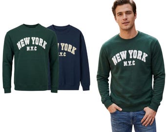 Sudadera estilo universitario con cuello redondo y parche de chenilla de Nueva York.