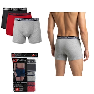 May include: A six-pack of Keltex boxer briefs in black, red, and heather grey, featuring elastic waistbands with the Keltex logo. The set includes individual pairs and a clear plastic retail package displaying the product and size M label.