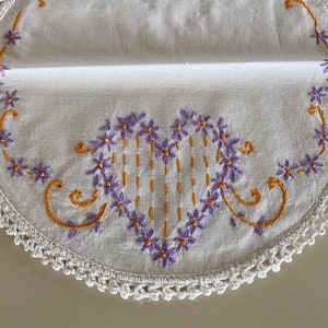 Six Vintage 30s Hand Embroidered Heart Doily Set