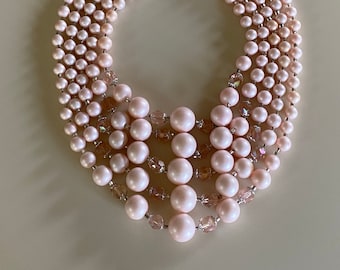 Vintage 50s Pink Beaded 5-Strand Necklace