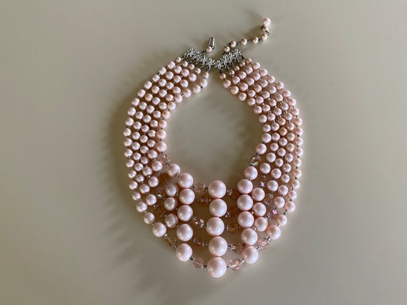 Vintage 50s Pink Beaded 5-Strand Necklace - image 1