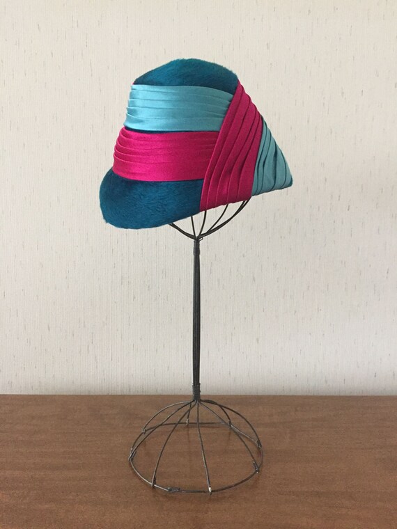 Vintage 60s Aqua Blue and Pink Wool Hat - image 2